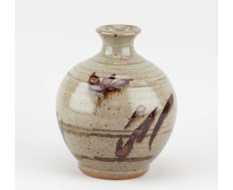 † WILLIAM PLUMPTRE (born 1959); a globular stoneware bottle covered in speckled grey glaze with tenmoku breaking to kaki deco
