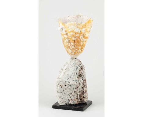 † PETER HAYES (born 1946); a porcelain Jomon vessel with lug handles and textured surface mounted on a clay and marble base, 
