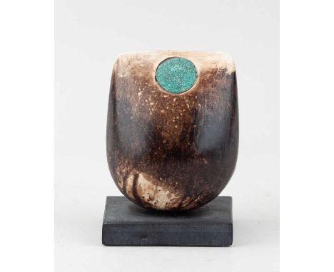 † PETER HAYES (born 1946); a small raku bow on slate base with smoky surface and copper patina disc, inscribed signature, hei