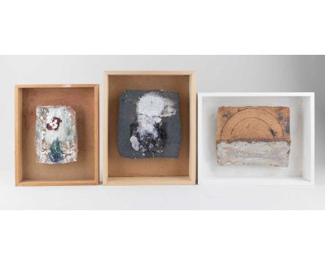 † ROBIN WELCH (1936-2019); a trio of stoneware tiles mounted in box frames, inscribed signatures verso dated 2017, largest ti