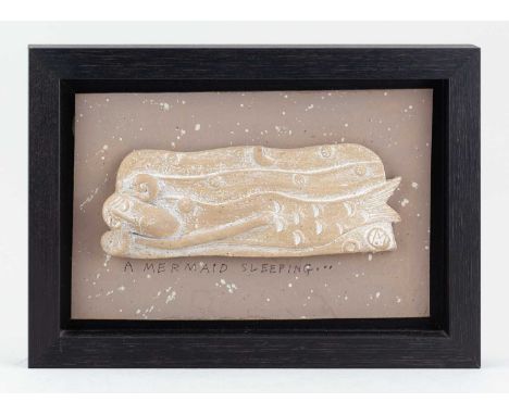 † JOHN MALTBY (1936-2020); 'A Mermaid Sleeping ...', a stoneware plaque mounted on board, impressed M mark and inscribed titl