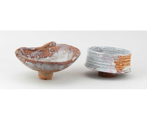 † ROBIN WELCH (1936-2019); a stoneware pedestal bowl partially covered in pale grey glaze, impressed RW mark, diameter 20cm, 