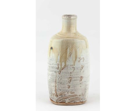 JIM MALONE (born 1946); a stoneware bottle covered in mottled white glaze with running pale green top and incised decoration,