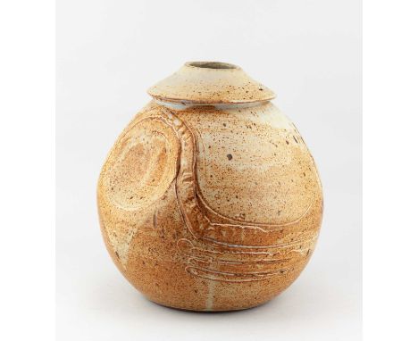 † MICHAEL CASSON (1925-2003); a large globular stoneware jar with pronounced collar covered in dry ash oatmeal glaze with app