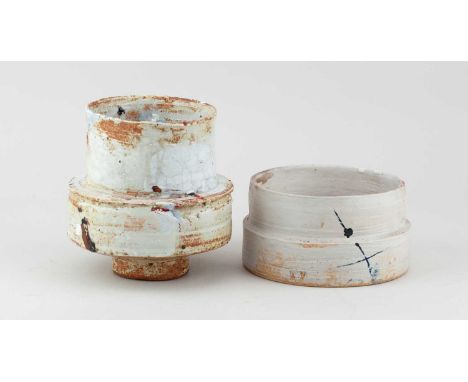 † ROBIN WELCH (1936-2019); an angular stoneware vessel partially covered in pale grey and white crackle glaze with black and 