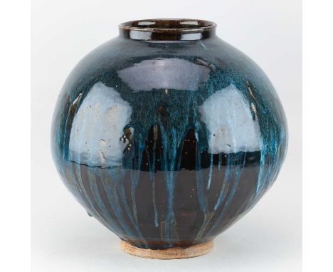 † MICHEL FRANCOIS; a large stoneware moon jar covered in iron and streaky cobalt glaze, incised signature, height 34.5cm.Fran