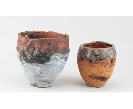 † ROBIN WELCH (1936-2019); a stoneware vessel with torn rim partially covered in pale grey glaze with black and blue decorati