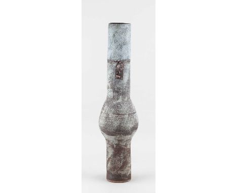 † ROBIN WELCH (1936-2019); a tall stoneware belly pot of cylindrical form with swollen waist covered in mottled grey glaze wi