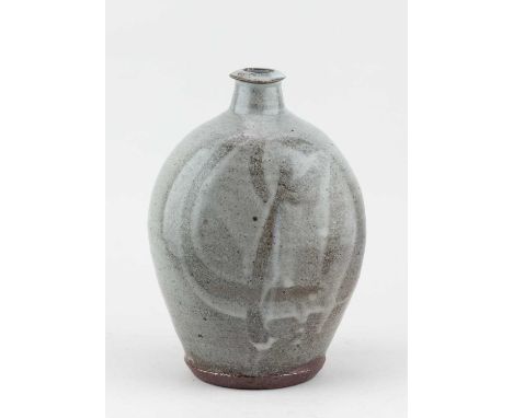 † PHIL ROGERS (1951-2020); a stoneware bottle covered in grey glaze with finger wipe decoration, impressed PR mark, height 22