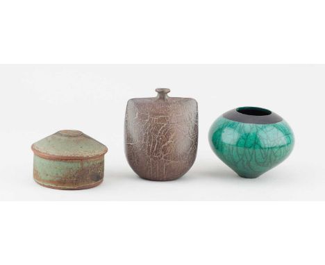 † PETER HAYES (born 1946); a small raku bottle with fractured surface, height 10.5cm, a raku pot by Rob Sollis, and an early 