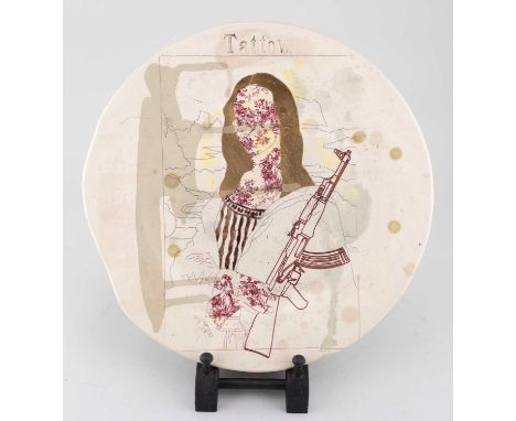 † STEPHEN DIXON (born 1957); 'Tattow', a tin-glazed Maiolica earthenware plate decorated with in-glaze transfers of the Mona 