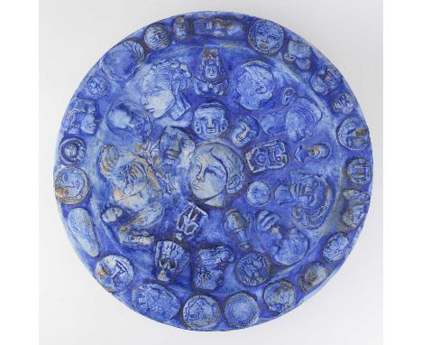 † PHILIP HARDAKER (born 1954); 'Dodo', a large earthenware dish covered in cobalt and white glaze decorated with cameos of he