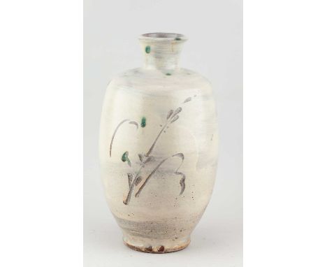 JIM MALONE (born 1946); a stoneware bottle covered in white glaze with incised decoration and copper green spots, incised JM 