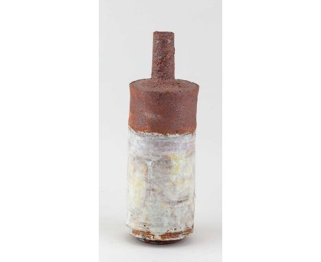 † ROBIN WELCH (1936-2019); a cylindrical stoneware bottle with narrow neck covered in mottled pale grey, lilac and yellow gla