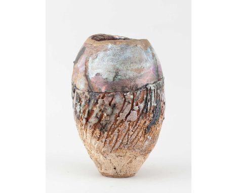 † ROBIN WELCH (1936-2019); an ovoid stoneware vessel with deeply incised surface, lilac and pale grey top and gold rim, heigh