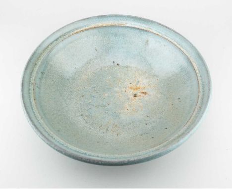 † SVEND BAYER (born 1946); a large wood fired stoneware bowl covered in streaky blue/grey glaze, diameter 37.5cm.Fired at the