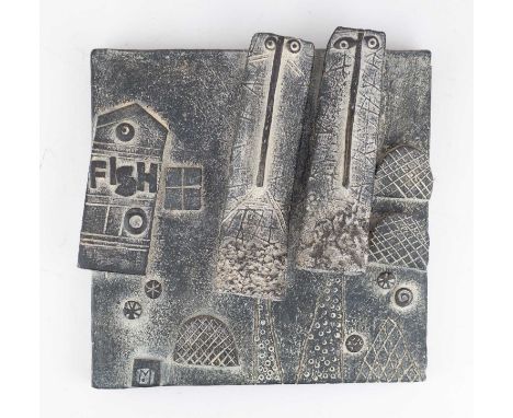 † JOHN MALTBY (1936-2020); a large square stoneware tile/wall hanging of two fishermen and fishing nets, impressed M marks, 2