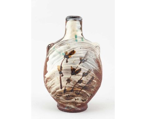 JIM MALONE (born 1946); a lugged stoneware bottle partially covered in brushed slip with iron decoration and copper green spo