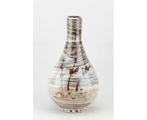 JIM MALONE (born 1946); a stoneware Korean bottle covered in hakeme slip with iron decoration and copper green spots, impress