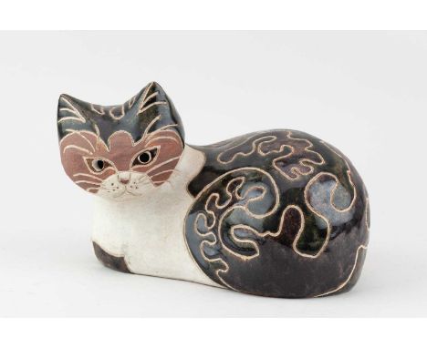 † ROSEMARY WREN (1922-2013) for Oxshott Pottery; a stoneware sculpture of a tortoiseshell cat, painted by Peter Crotty, impre