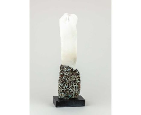 † PETER HAYES (born 1946); a pierced porcelain blade mounted on a clay and slate base, incised signature, height 39.5cm.Condi