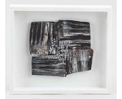 † MAGGIE BARNES (born 1940); 'Remnants', a stained laminated and carved porcelain tile, pottery sticker, 8.5 x 9.5cm, framed.