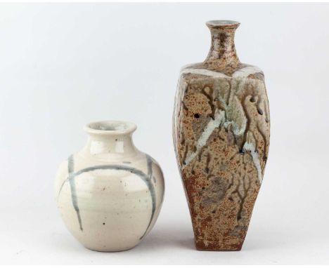 † JOANNA WASON (born 1952) for Leach Pottery; a square stoneware bottle partially covered in running green ash glaze with dol