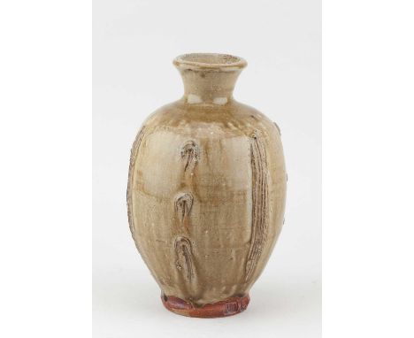 JIM MALONE (born 1946); a stoneware bottle covered in green ash glaze with applied decoration, impressed JM and L (for Lesson