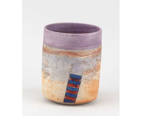 † ROBIN WELCH (1936-2019); a cylindrical stoneware landscape pot covered in sandy yellow and grey glaze with lilac rim and re