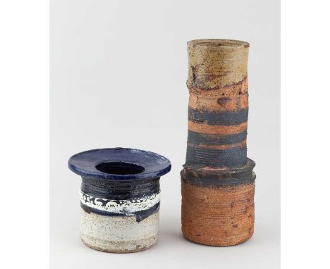 † ROBIN WELCH (1936-2019); a cylindrical stoneware chimney vessel partially covered in black glaze with oatmeal top, impresse