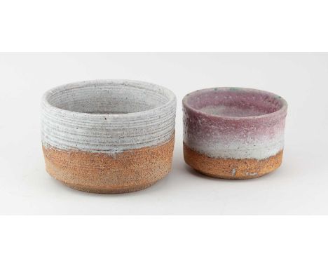 † ROBIN WELCH (1936-2019); a straight sided stoneware bowl with textured surface partially covered in pale grey glaze, impres