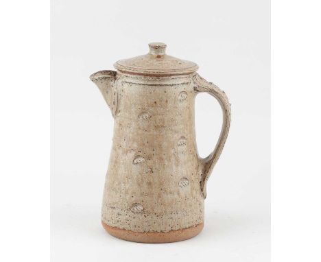 JIM MALONE (born 1946); a stoneware coffee pot covered in green ash glaze with impressed decoration, impressed JM and L (for 