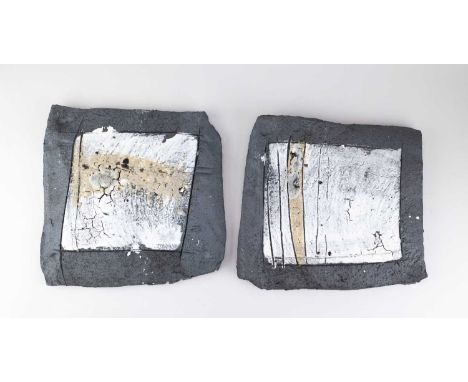 MEGAN COLLINS; a pair of stoneware wall plaques partially covered in white glaze with ochre and reactive copper green decorat