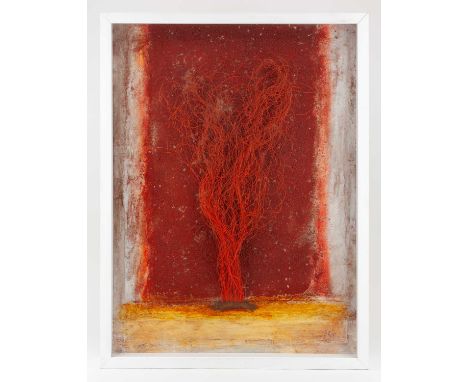 † ROBIN WELCH (1936-2019); ‘Burning Tree', mixed media on board, titled, signed and dated 2001 verso, 60 x 44cm, box framed a