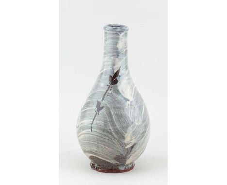 JIM MALONE (born 1946); a stoneware Korean bottle covered in grey glaze and brushed slip with iron decoration, impressed JM a