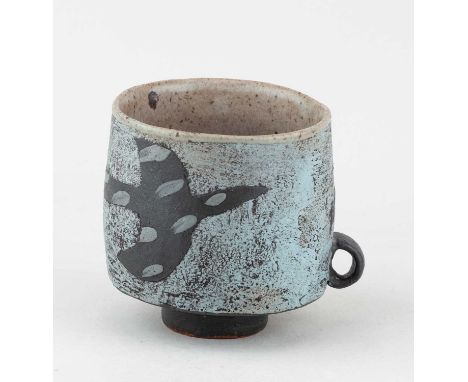 † JOHN MALTBY (1936-2020); a stoneware cup form decorated with stylised flying birds, inscribed signature, height 12cm.Condit