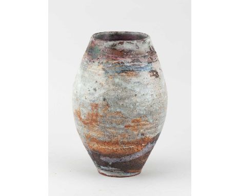 † ROBIN WELCH (1936-2019); an ovoid stoneware vessel partially covered in mottled pale grey glaze with blue and lilac top, im