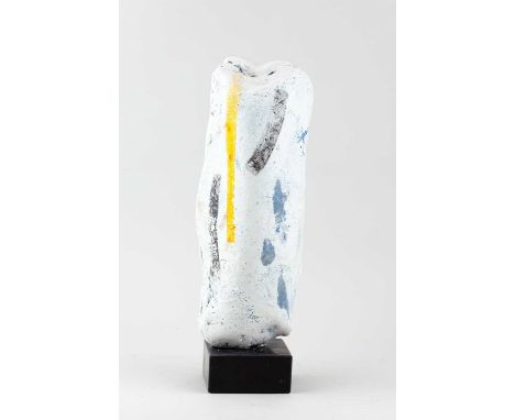 † ROBIN WELCH (1936-2019); a stoneware sculptural form on a slate base covered in white glaze with blue, black and yellow bru