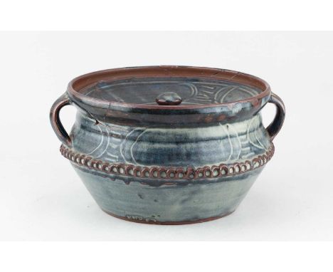 BAWA USHAFA for Abuja Pottery; a stoneware Gwari casserole covered in blue/grey glaze with kaki highlights, impressed BUA and