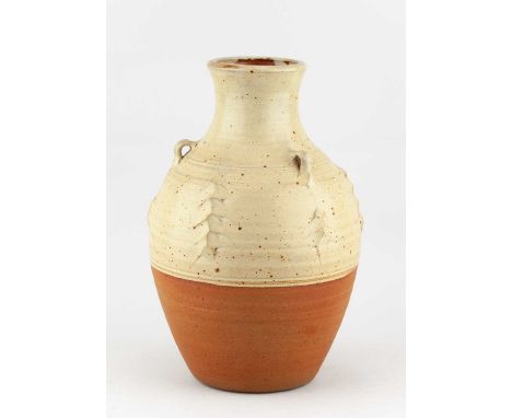 † RAY FINCH (1914-2012) for Winchcombe Pottery; a lugged stoneware bottle partially covered in oatmeal glaze, impressed WP. m