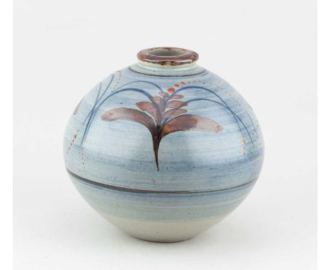 † DAVID LEACH (1911-2005) for Lowerdown Pottery; a globular stoneware jar partially washed in blue/grey glaze with iron and c