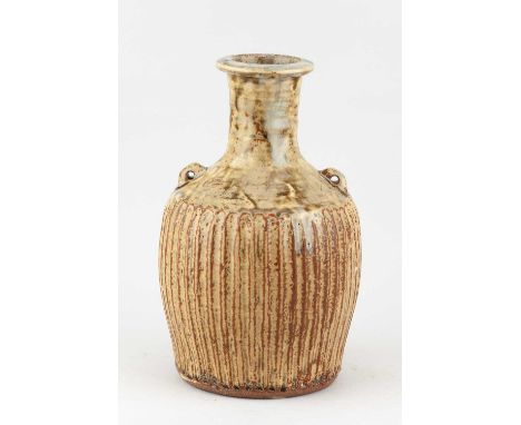 JIM MALONE (born 1946); a lugged fluted stoneware bottle covered in green ash and kaki glaze with running nuka top, impressed