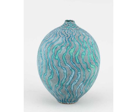 † PETER BEARD (born 1951); an ovoid stoneware vessel covered in multiple layers of turquoise and grey glaze using the wax res