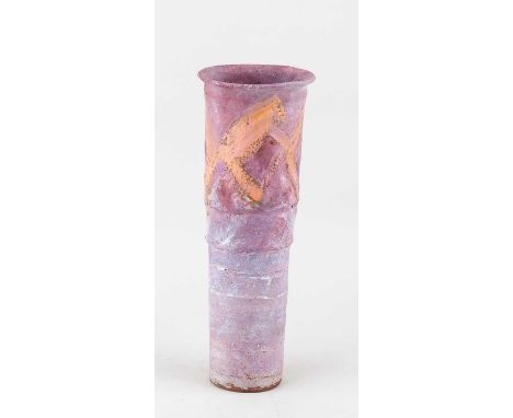 † ROBIN WELCH (1936-2019); a cylindrical stoneware vessel covered in lilac and pink glaze with orange enamel decoration, impr