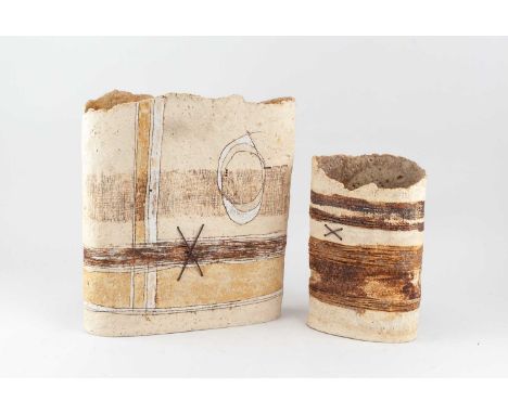 † JAYNE LUCAS (born 1973); a stoneware flat form with torn rim covered in coloured slips and glazes with decorative wire addi