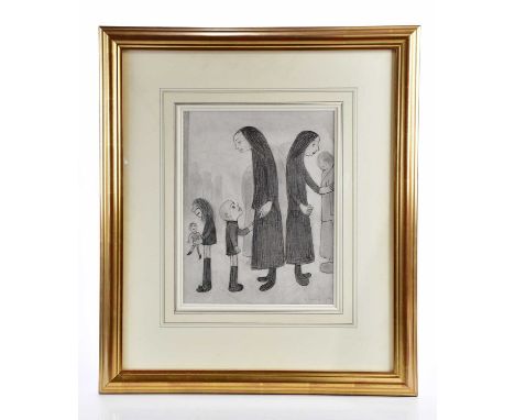 † LAURENCE STEPHEN LOWRY RBA RA (1887-1976); pencil, 'Group of People', signed and dated 1968, 33 x 25.4cm, framed and glazed