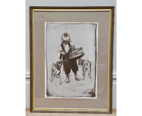 HAROLD FRANCIS RILEY DL DLITT FRCS DFA ATC (1934-2023); monochrome sepia print, 'Young Boy With Two Dogs', unsigned, 41 x 28.