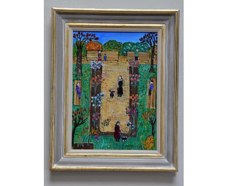 † DORA HOLZHANDLER (1928-2015); oil on canvas, 'Figures In Garden Scene', signed and dated 2001, 54 x 38cm, framed.Condition 