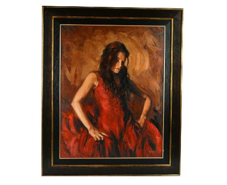 † MARK SPAIN (born 1962); a limited edition print of a lady wearing a red dress, signed, numbered 139/150, 73 x 57cm, framed.