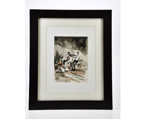 † RAY LOWRY (1944-2008); ink and watercolour, 'The late great Joseph and Michael', unsigned, 27 x 20cm, framed and glazed.Con